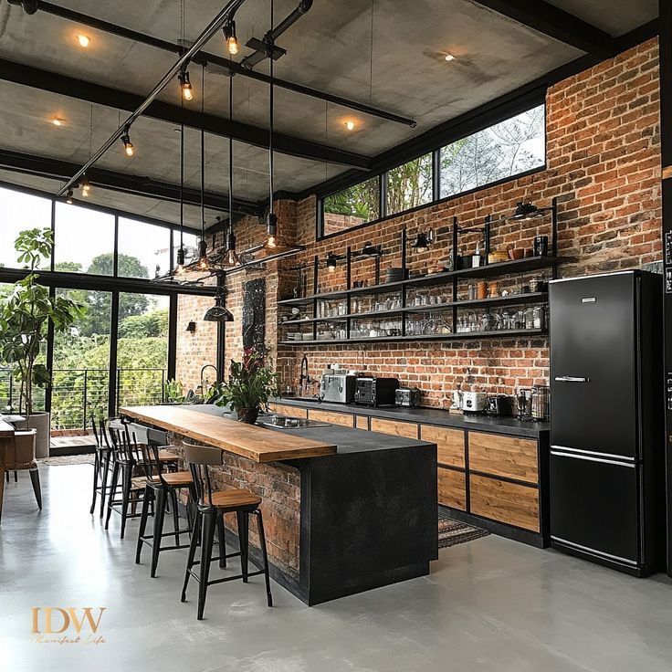 Cocina industrial con ladrillo y acero