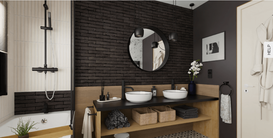 Living estilo industrial — ladrillo, acero y madera