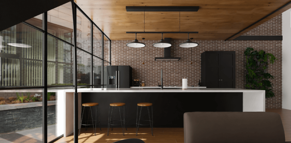 Living industrial cálido con madera y ladrillo
